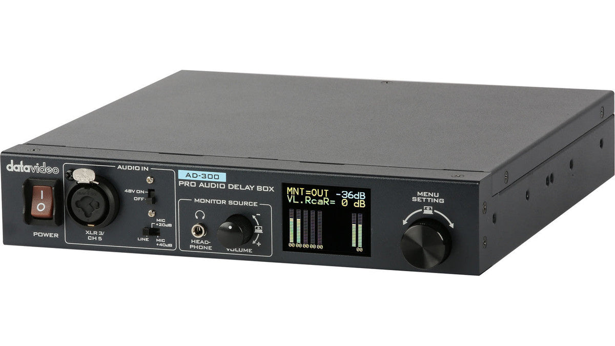 Datavideo AD-300 Pro Audio Delay Box to synchronize video and audio with microphone input.
