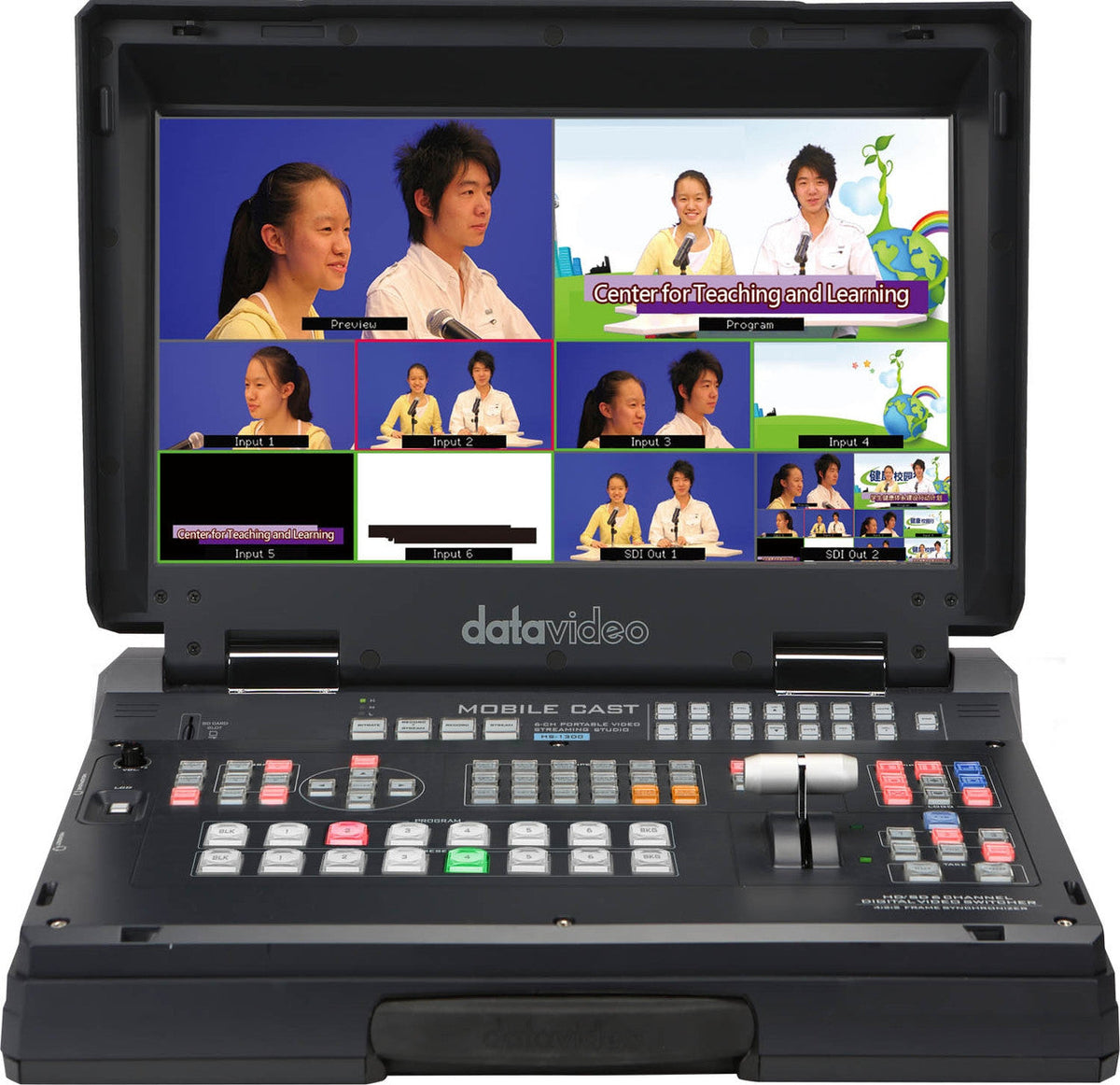 Datavideo HS-1300 6 input HD mobile studio with built-in streaming and recording. It comes with 4x HD-SDI and 2x HDMI inputs.
