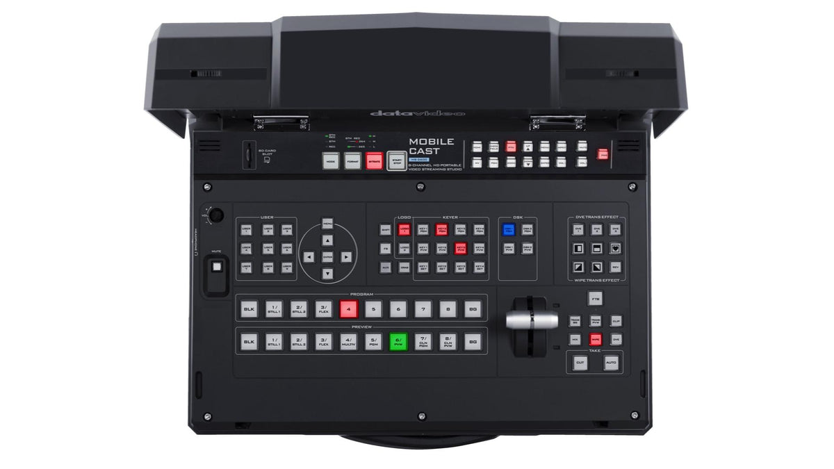 Datavideo HS-2600 8 input HD-SDI and HDMI hand carried mobile studio with built-in 17.3" LCD monitor, H.264 streaming encoder, and recorder.