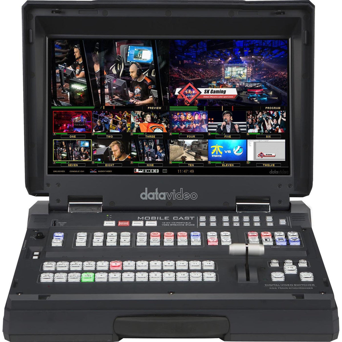 Datavideo HS-3200 12 input HD-SDI and HDMI hand carried mobile studio with built-in 17.3" LCD monitor, H.264 streaming encoder, and recorder. It also has a built-in TC-200 for titles and graphics.