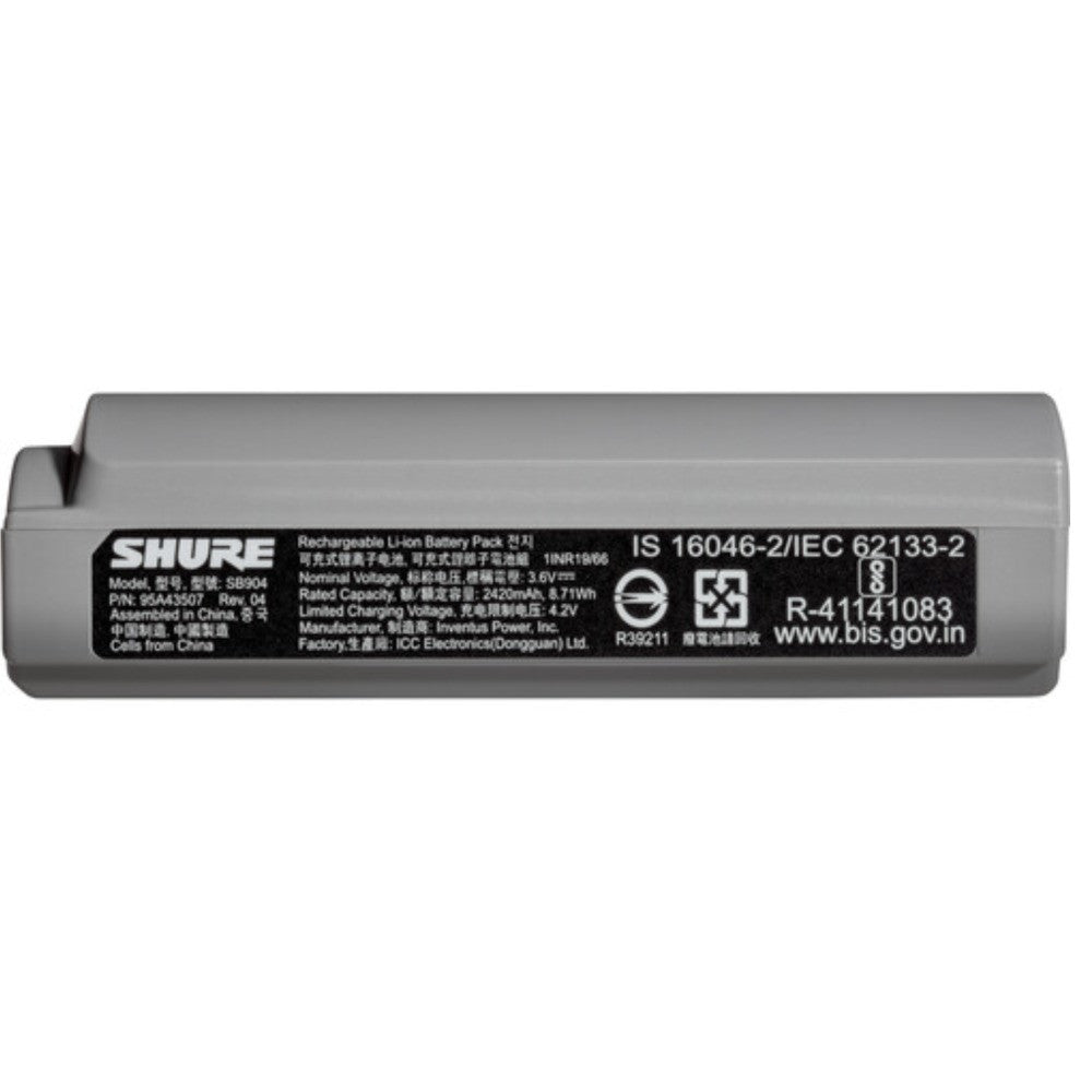 Shure SB904 lithium-ion rechargeable battery with up to 12 hours of runtime.