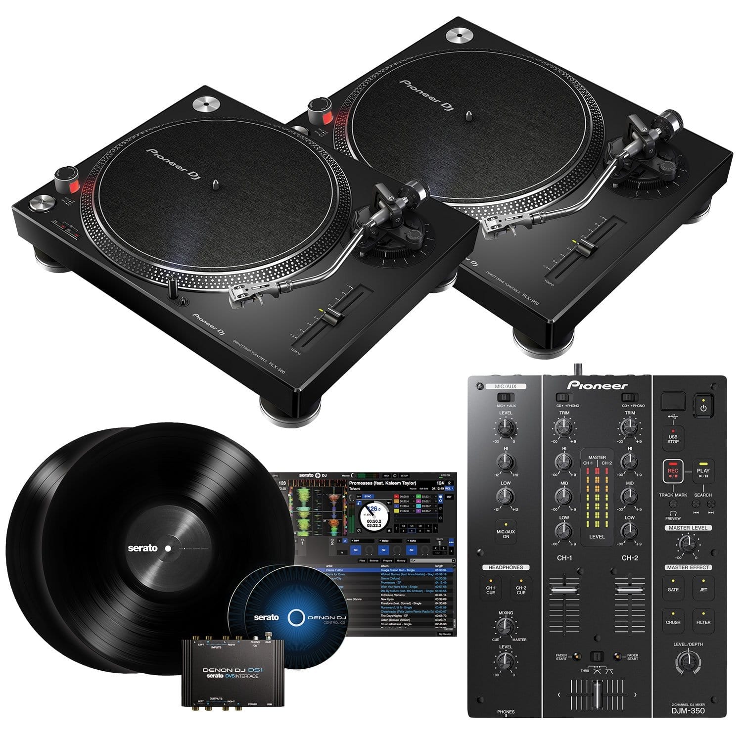 Complete Serato DJ System with Pioneer DJ DJM-350 Mixer and (2) PLX-500-K  Turntables