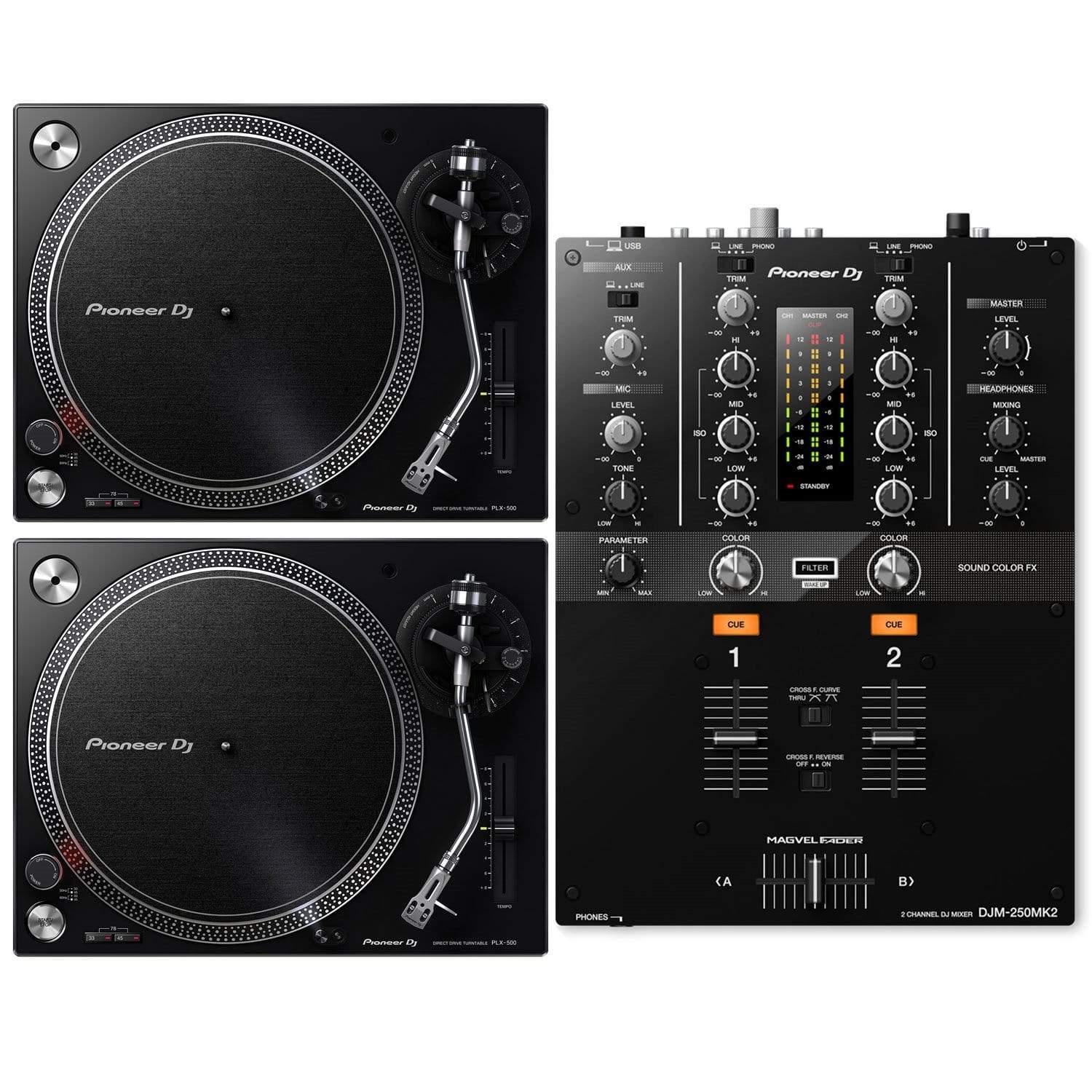 Pioneer DJ DJM-250MK2 DJ Mixer and (2) PLX-500K Turntables | Solotech