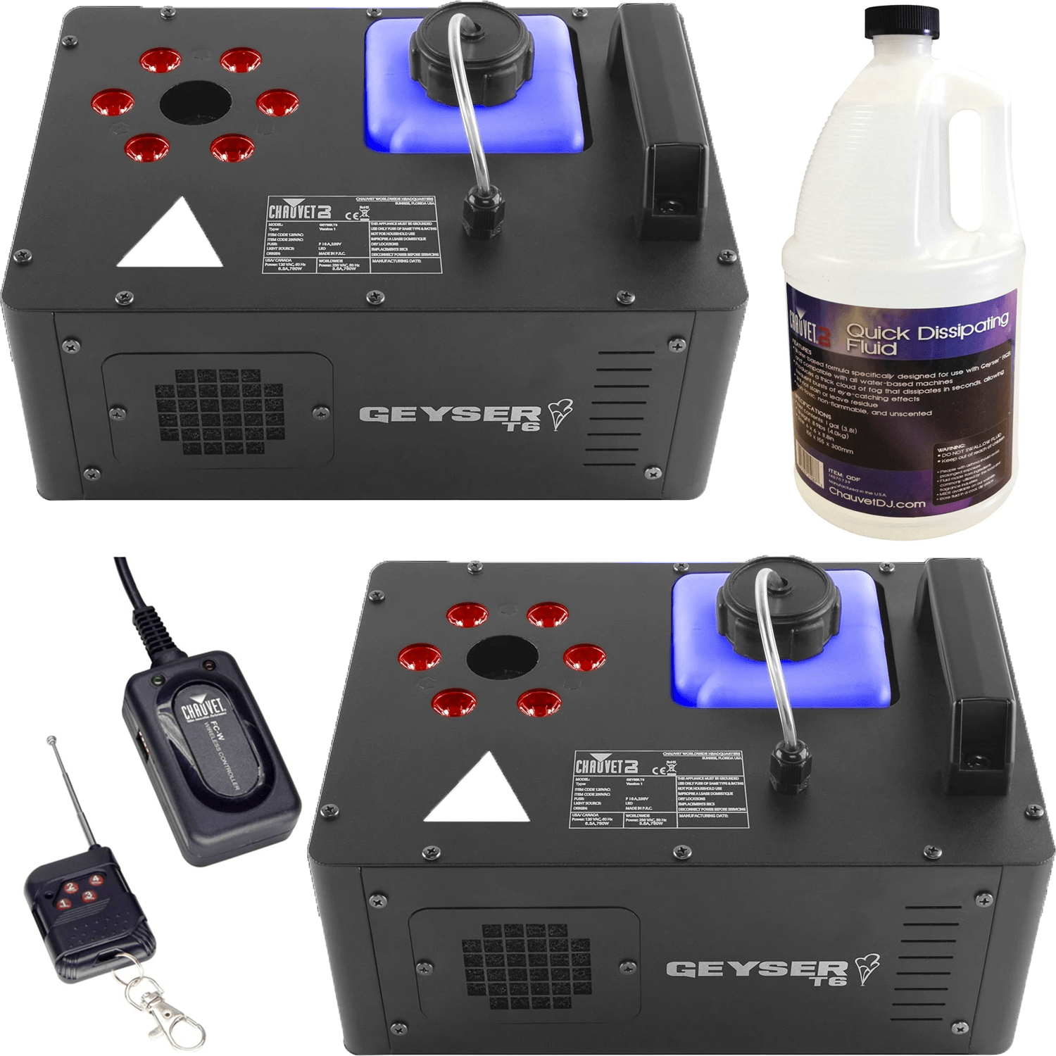 Chauvet Geyser T6 Fog Machines (x2) with Fluid & Remote | Solotech