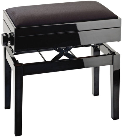 K&M 13950.100.21 Complete Wooden Frame Piano Bench with Storage - Black Gloss with Black Velvet Seat - ProSound and Stage Lighting