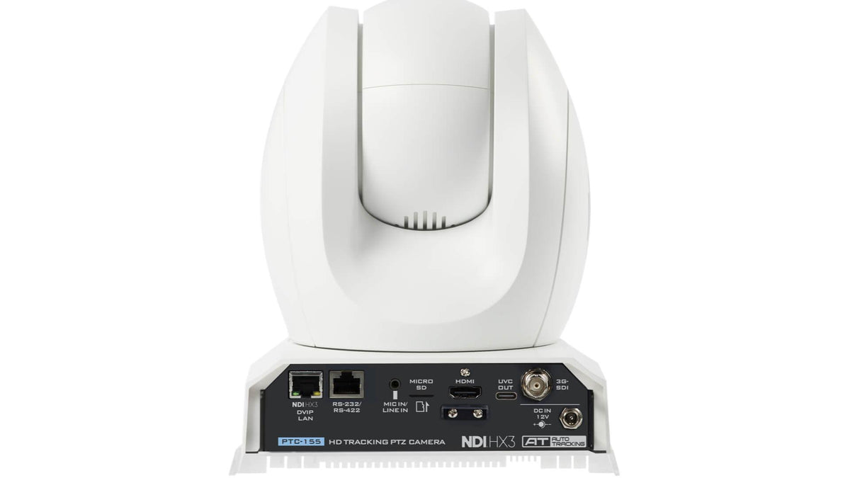 Datavideo PTC-155W 30x NDI/HX 1080p, 3G-SDI, UVC, and HDMI Tracking PTZ Camera in white.