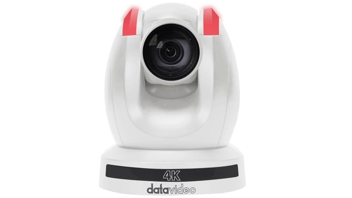 Datavideo PTC-305GW 4K 20x NDI® | HX, 12G-SDI, 3G-SDI, and HDMI PTZ Camera with Tracking in White.