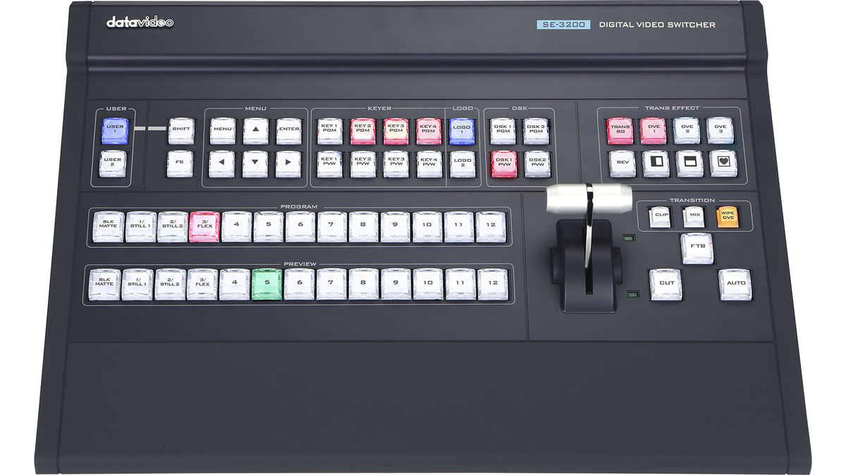 Datavideo SE-3200MU 12- channel 2U 1080p switcher. Inputs: 8 SDI, 4 HDMI Outputs: 6 assignable SDI, 3 assignable HDMI