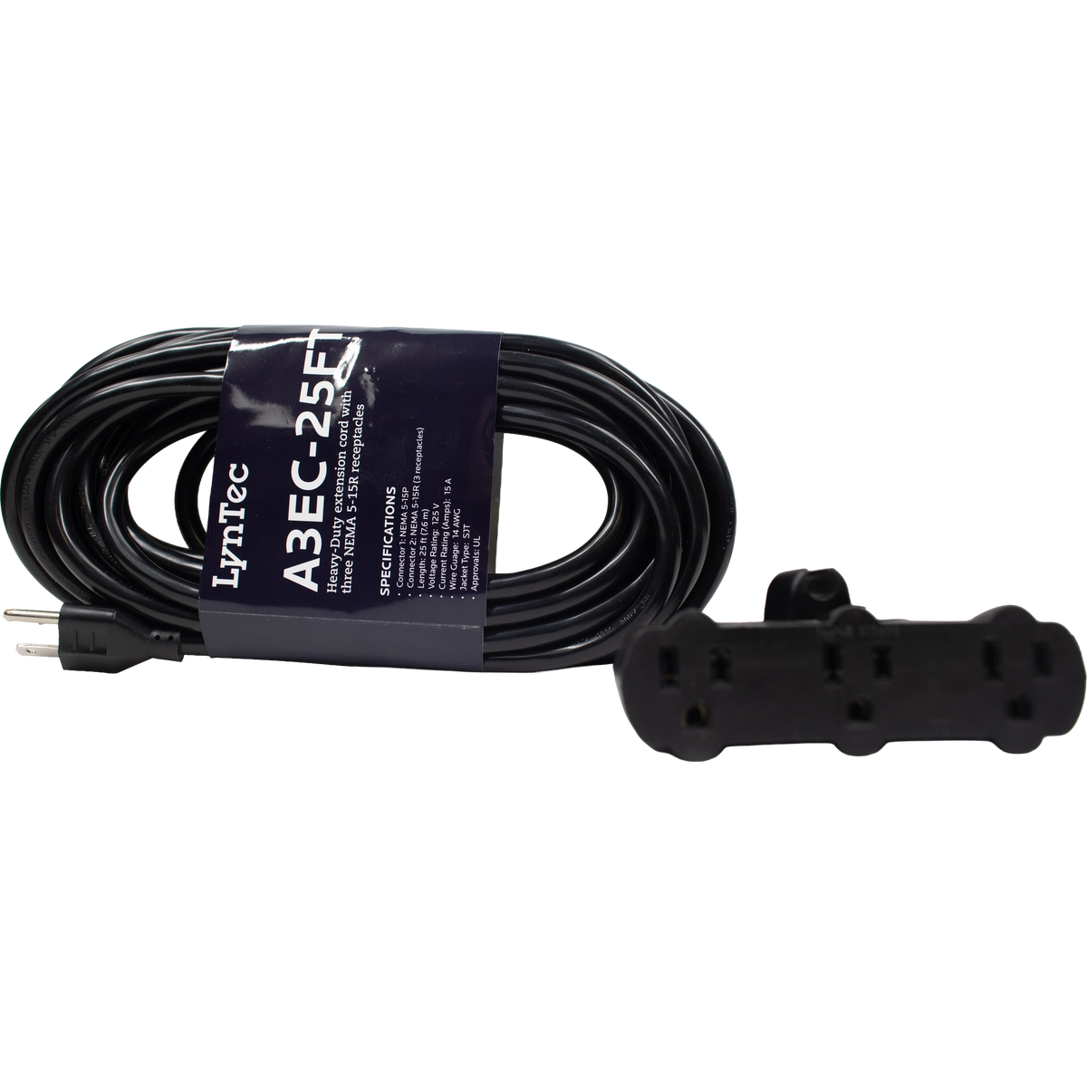 LynTec A3EC25FT Heavy Duty extension cord with 3-Outlets on one head (25 ft)