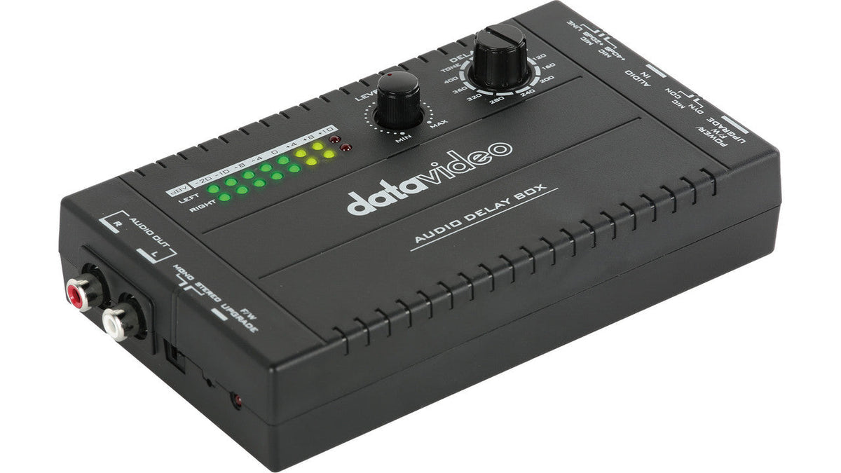 Datavideo AD-10 Audio Delay Box to synchronize video and audio with microphone input. It supports 1 channel. Delay time is from 0~400 ms.