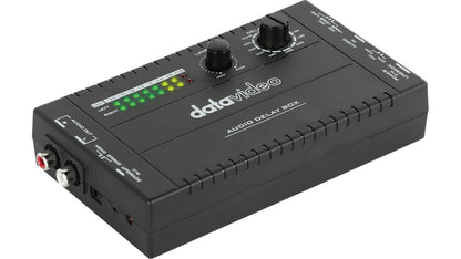 Datavideo AD-10 Audio Delay Box to synchronize video and audio with microphone input. It supports 1 channel. Delay time is from 0~400 ms.
