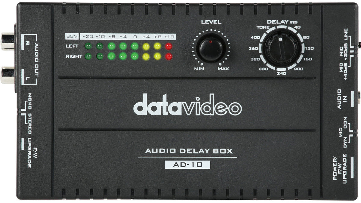 Datavideo AD-10 Audio Delay Box to synchronize video and audio with microphone input. It supports 1 channel. Delay time is from 0~400 ms.