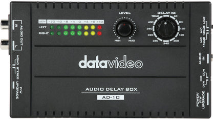 Datavideo AD-10 Audio Delay Box to synchronize video and audio with microphone input. It supports 1 channel. Delay time is from 0~400 ms.