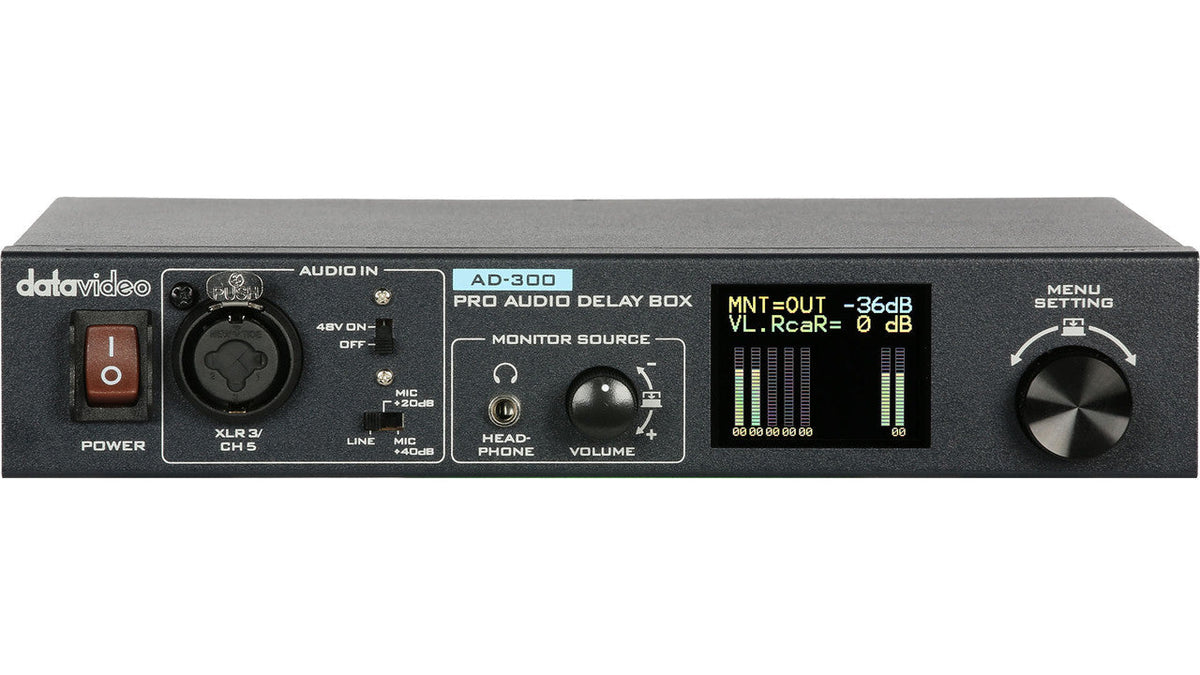 Datavideo AD-300 Pro Audio Delay Box to synchronize video and audio with microphone input.