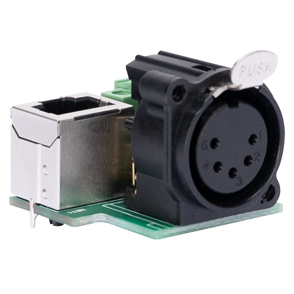 Elation CON512 Netron PCB5P XLR 5-Pin DMX Output (Front) / Terminal Block and RJ45 DMX Input (Back)