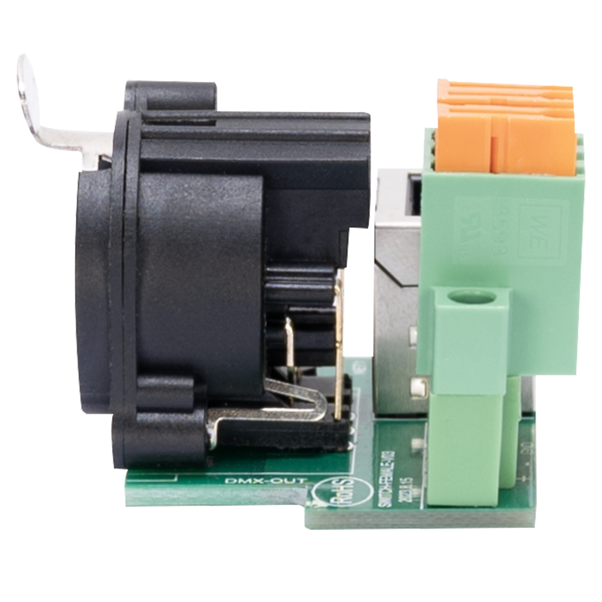 Elation CON512 Netron PCB5P XLR 5-Pin DMX Output (Front) / Terminal Block and RJ45 DMX Input (Back)