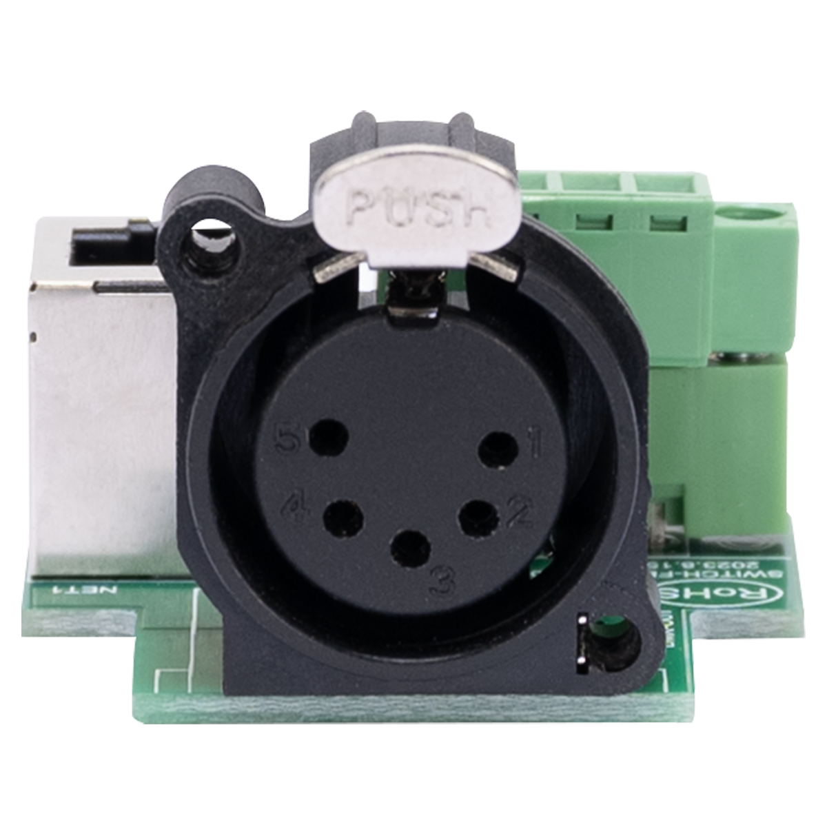 Elation CON512 Netron PCB5P XLR 5-Pin DMX Output (Front) / Terminal Block and RJ45 DMX Input (Back)
