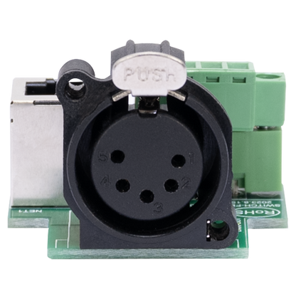 Elation CON512 Netron PCB5P XLR 5-Pin DMX Output (Front) / Terminal Block and RJ45 DMX Input (Back)