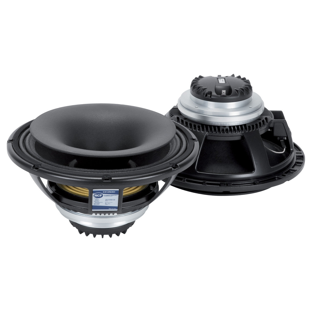 RCF CX12N351 Woofer: 12" Power 450 Watt rms, 900W program. Sensitivity 101 dB. Compression Driver: Exit 1.5" Power 90 Watt rms, 180W program. Sensitivity 110 dB