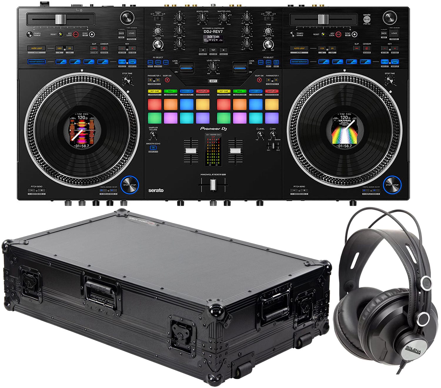 Pioneer DJ DDJ-REV7 Motorized DJ Controller With Roadcase and Headphone Bundle - PSSL ProSound and Stage Lighting