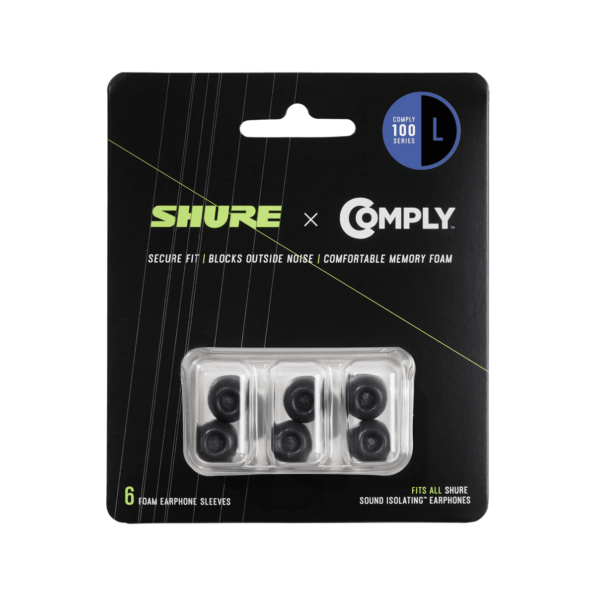 Shure EACYF1-6L 6-pack (3 pair) Large 100 Series Comply foam sleeves  for Shure Earphones - Hanging Retail Packaging