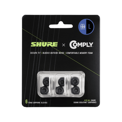Shure EACYF1-6L 6-pack (3 pair) Large 100 Series Comply foam sleeves  for Shure Earphones - Hanging Retail Packaging