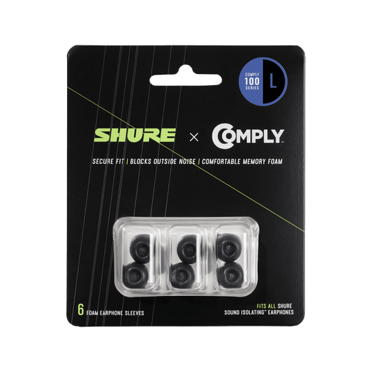 Shure EACYF1-6L 6-pack (3 pair) Large 100 Series Comply foam sleeves  for Shure Earphones - Hanging Retail Packaging