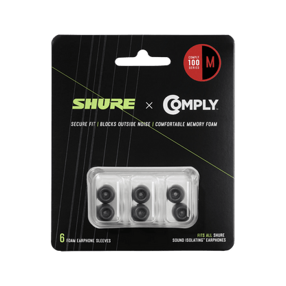 Shure EACYF1-6M 6-pack (3 pairs) Medium 100 Series Comply foam sleeves for Shure Earphones - Hanging Retail Packaging