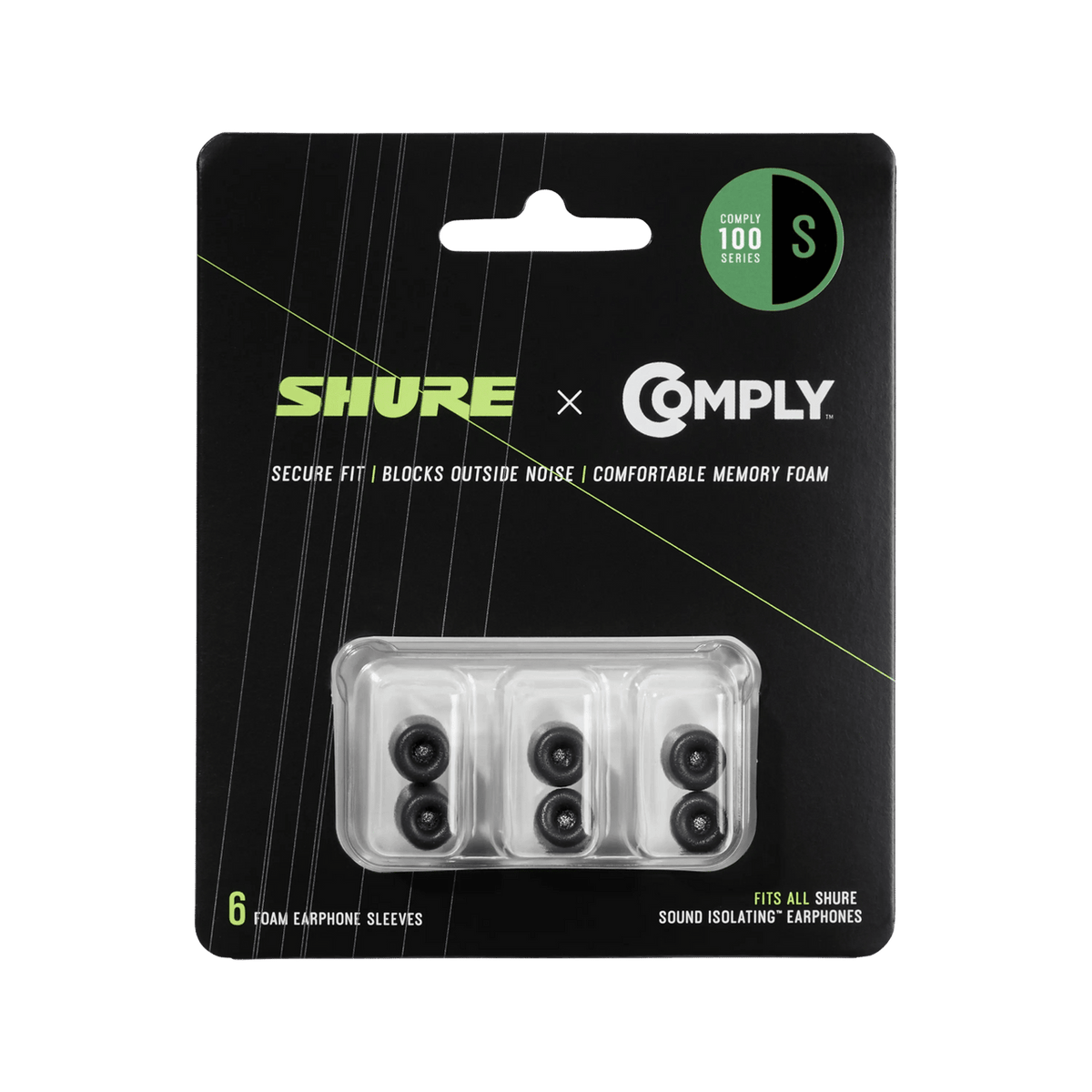 Shure EACYF1-6S 6-pack (3 pairs) Small 100 Series Comply foam sleeves for Shure Earphones - Hanging Retail Packaging