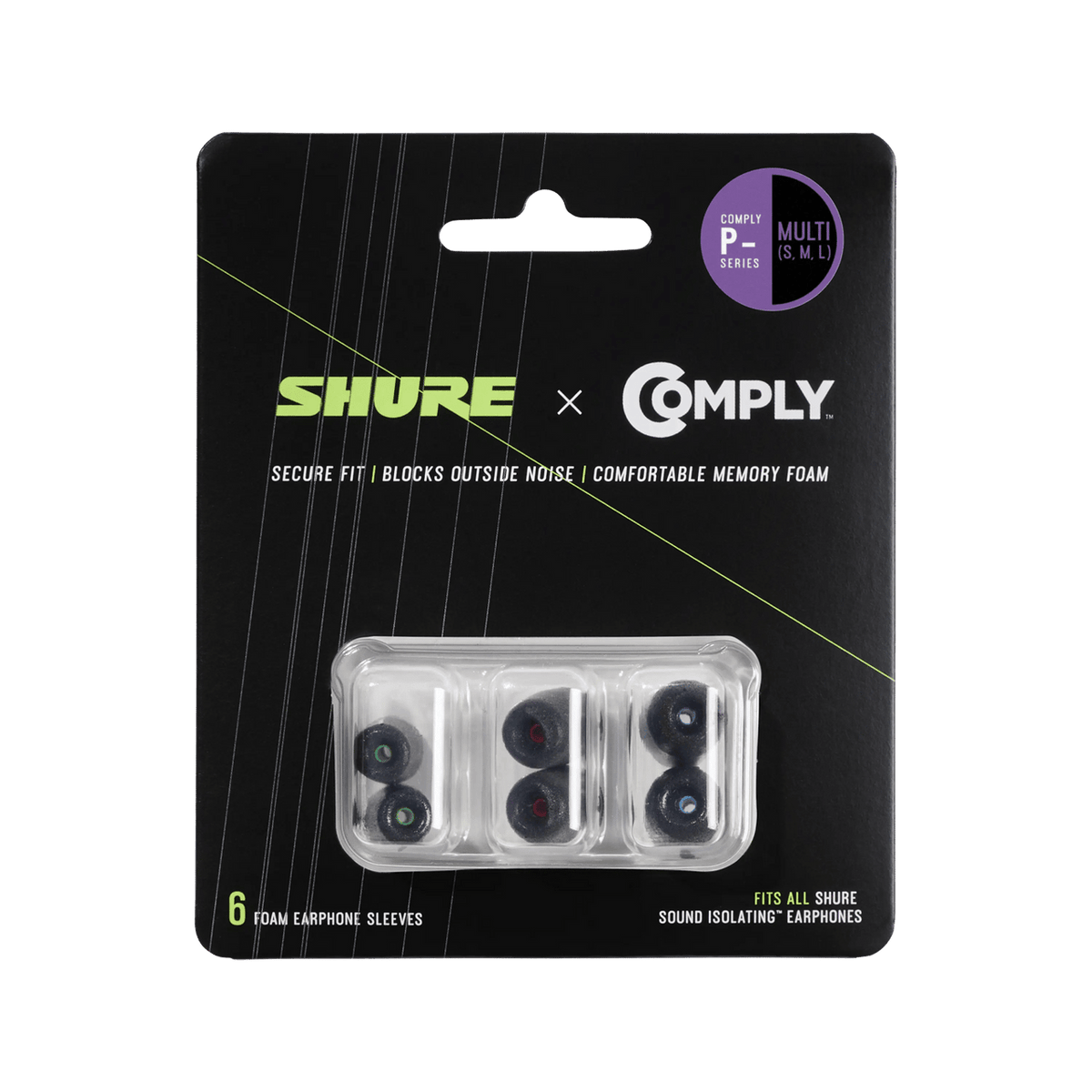 Shure EACYPF-6KIT 6-pack (3 pairs) Multipack Kit P-Series Comply foam sleeves for Shure Earphones, one pair each of S/M/L - Hanging Retail Packaging