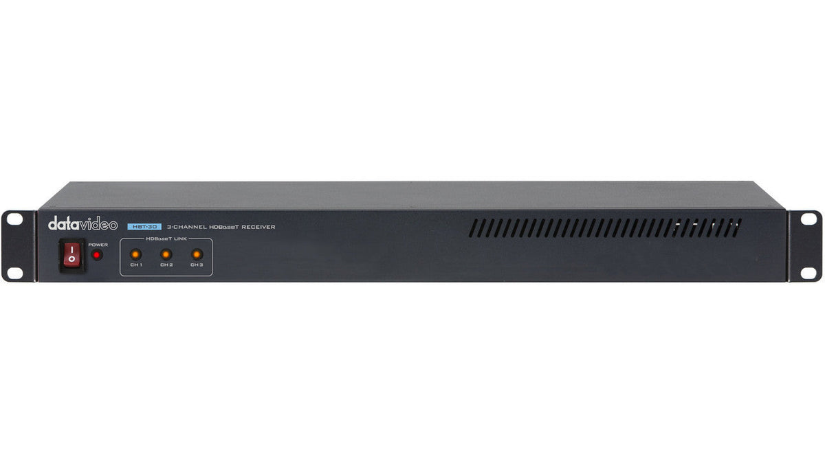 Datavideo HBT-30 3 channel long range 4K60p HDBaseT Receiver. Comes with 56v power supply. Supports up to 100m. Works with HBT-15 HDBaseT Transmitter.