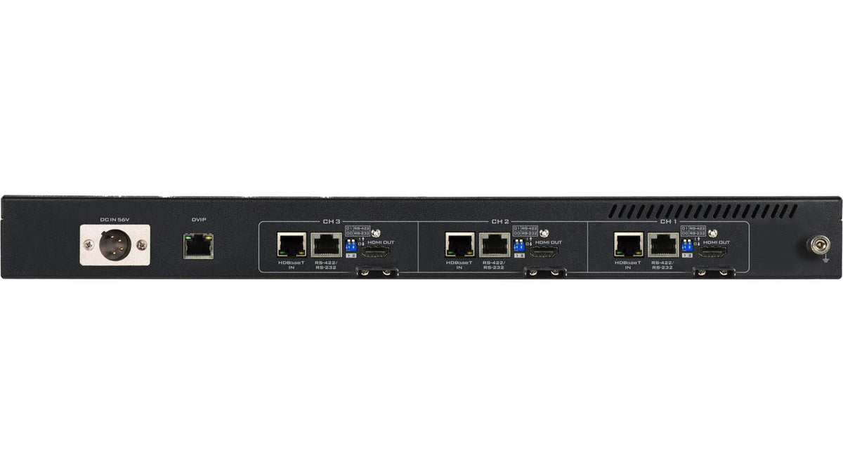 Datavideo HBT-30 3 channel long range 4K60p HDBaseT Receiver. Comes with 56v power supply. Supports up to 100m. Works with HBT-15 HDBaseT Transmitter.