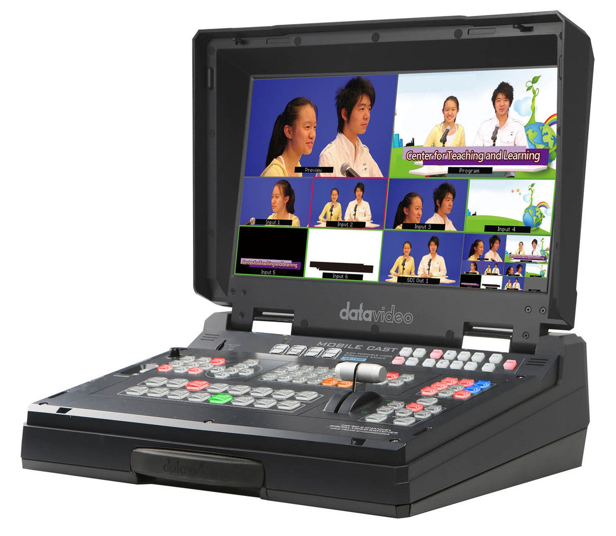 Datavideo HS-1300 6 input HD mobile studio with built-in streaming and recording. It comes with 4x HD-SDI and 2x HDMI inputs.