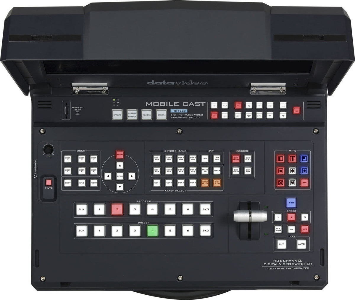 Datavideo HS-1300 6 input HD mobile studio with built-in streaming and recording. It comes with 4x HD-SDI and 2x HDMI inputs.