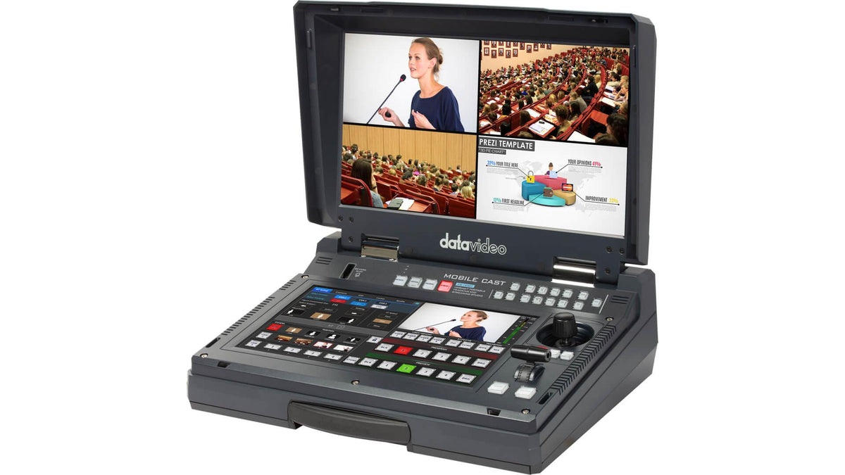 Datavideo HS-1650T 4 input HDBaseT production switcher with built-in touch screen controller, auto tracking controls, streaming encoder and recorder. 3x HDBaseT and 1x HDMI inputs. It has an HDBaseT output.