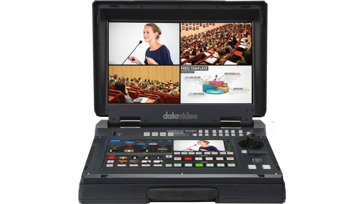 Datavideo HS-1650T 4 input HDBaseT production switcher with built-in touch screen controller, auto tracking controls, streaming encoder and recorder. 3x HDBaseT and 1x HDMI inputs. It has an HDBaseT output.