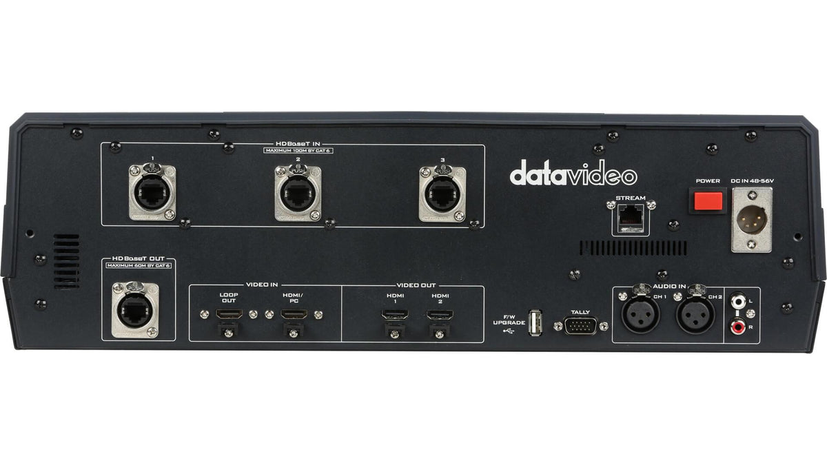 Datavideo HS-1650T 4 input HDBaseT production switcher with built-in touch screen controller, auto tracking controls, streaming encoder and recorder. 3x HDBaseT and 1x HDMI inputs. It has an HDBaseT output.