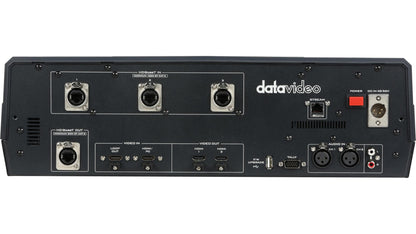 Datavideo HS-1650T 4 input HDBaseT production switcher with built-in touch screen controller, auto tracking controls, streaming encoder and recorder. 3x HDBaseT and 1x HDMI inputs. It has an HDBaseT output.