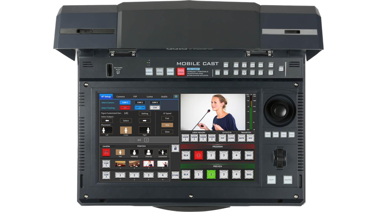 Datavideo HS-1650T 4 input HDBaseT production switcher with built-in touch screen controller, auto tracking controls, streaming encoder and recorder. 3x HDBaseT and 1x HDMI inputs. It has an HDBaseT output.