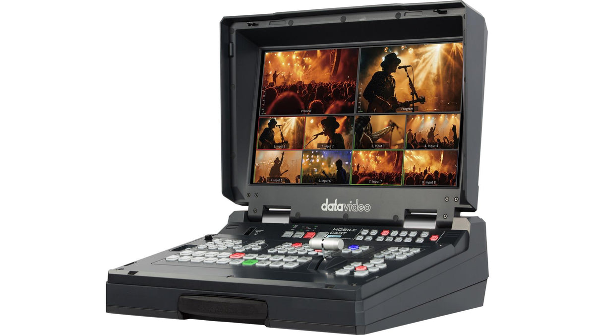 Datavideo HS-2600 8 input HD-SDI and HDMI hand carried mobile studio with built-in 17.3" LCD monitor, H.264 streaming encoder, and recorder.