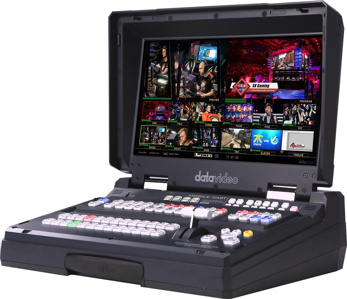Datavideo HS-3200 12 input HD-SDI and HDMI hand carried mobile studio with built-in 17.3" LCD monitor, H.264 streaming encoder, and recorder. It also has a built-in TC-200 for titles and graphics.