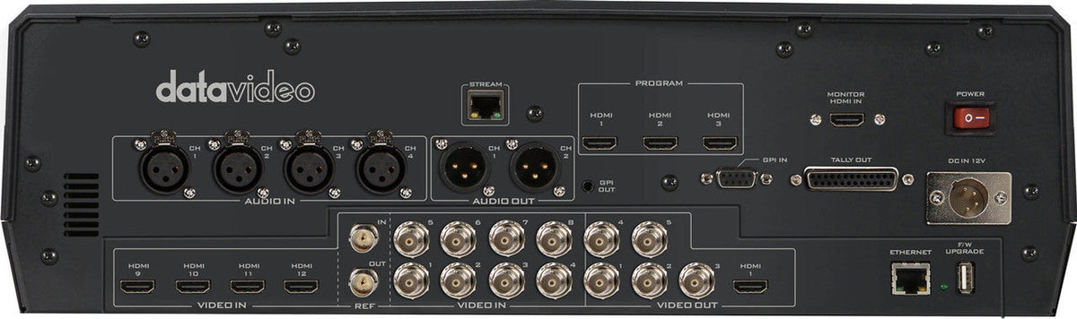 Datavideo HS-3200 12 input HD-SDI and HDMI hand carried mobile studio with built-in 17.3" LCD monitor, H.264 streaming encoder, and recorder. It also has a built-in TC-200 for titles and graphics.