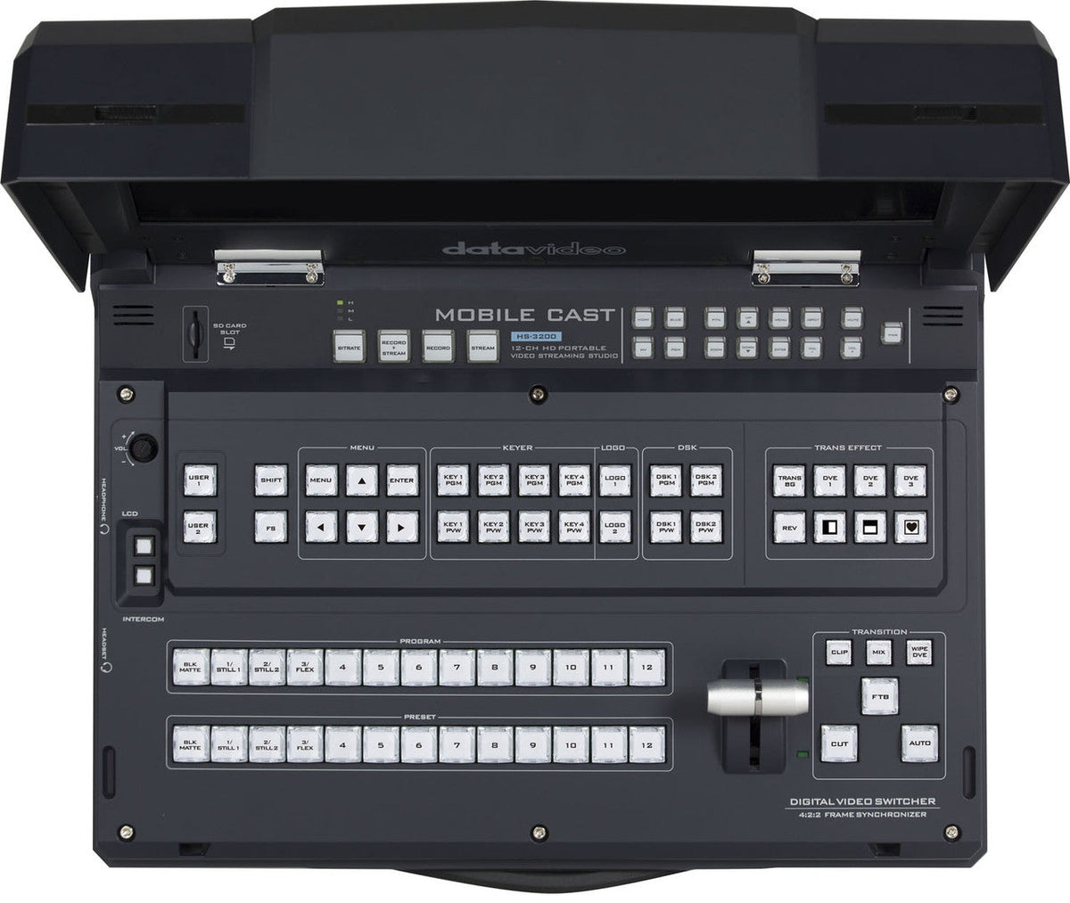 Datavideo HS-3200 12 input HD-SDI and HDMI hand carried mobile studio with built-in 17.3" LCD monitor, H.264 streaming encoder, and recorder. It also has a built-in TC-200 for titles and graphics.