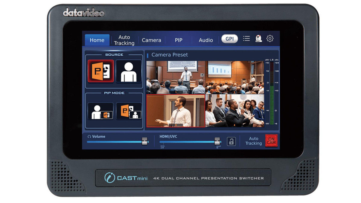 Datavideo iCast Mini 2 channel 4K all-in-one switcher with PTZ control with presets and auto tracking control, all from a touch screen panel.