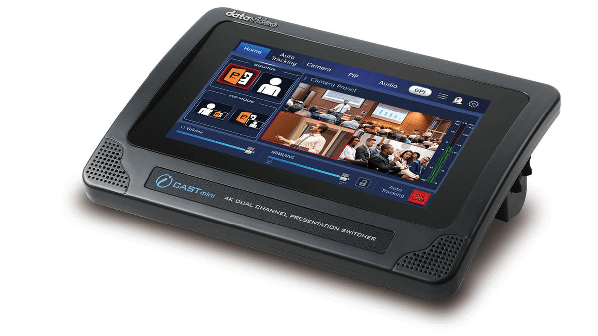 Datavideo iCast Mini 2 channel 4K all-in-one switcher with PTZ control with presets and auto tracking control, all from a touch screen panel.