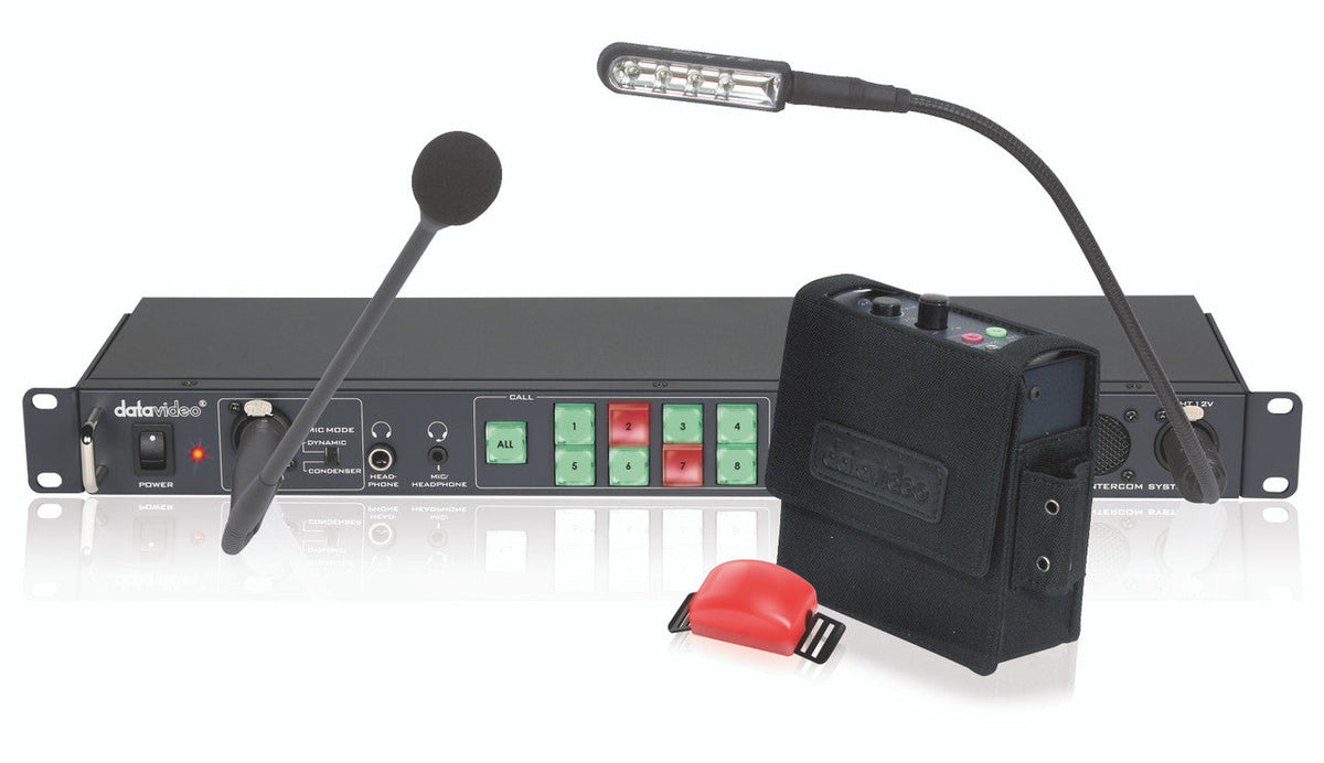 Datavideo ITC-100 Intercom for up to 8 Remote users - Includes base station, 20m (65ft) cables, headsets, belt packs & tally lights for 4 users