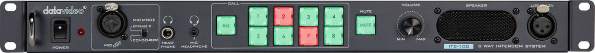 Datavideo ITC-100 Intercom for up to 8 Remote users - Includes base station, 20m (65ft) cables, headsets, belt packs & tally lights for 4 users