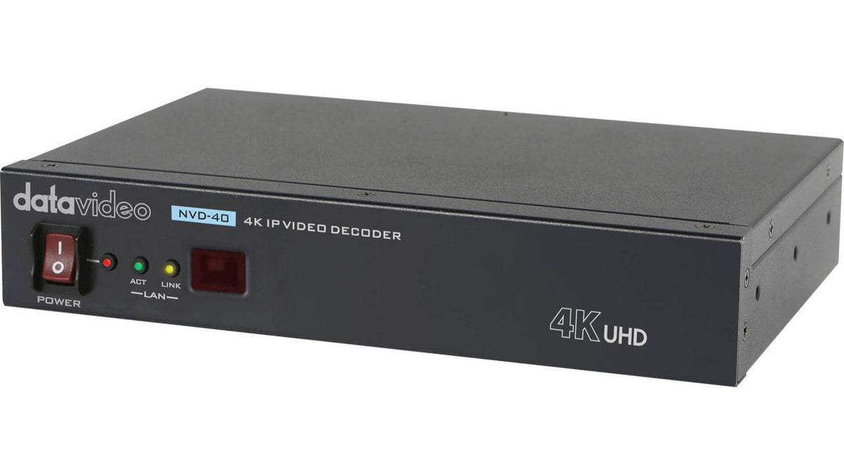 Datavideo NVD-40 4K IP video decoder. Operates on standard 10/100Mb Ethernet networks