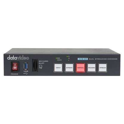Datavideo NVS-35 Dual stream H.264 streaming encoder and recorder with HD-SDI and HDMI inputs. Records onto an SD card. Selectable bit-rate for streaming and recording. XLR connections for audio input.