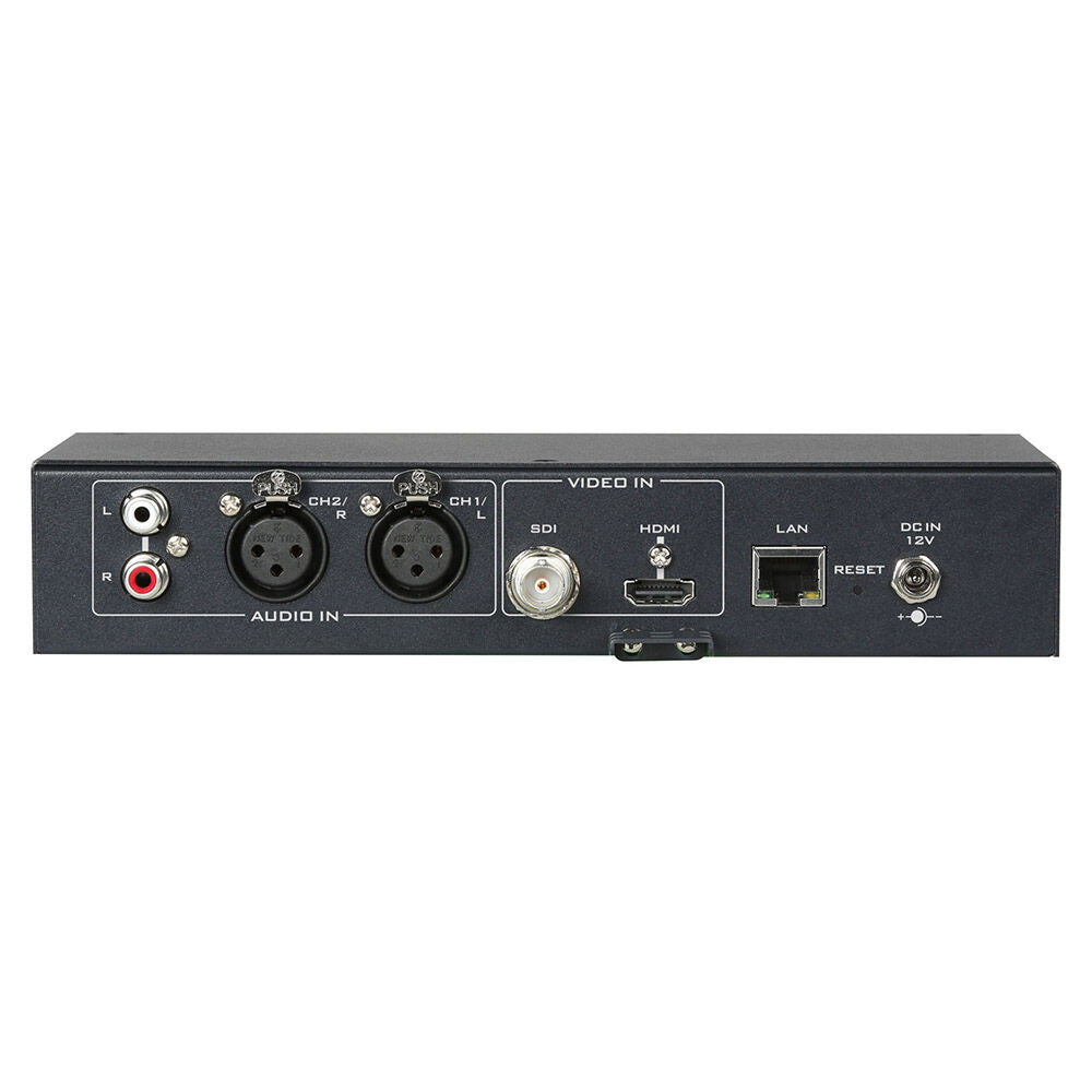 Datavideo NVS-35 Dual stream H.264 streaming encoder and recorder with HD-SDI and HDMI inputs. Records onto an SD card. Selectable bit-rate for streaming and recording. XLR connections for audio input.